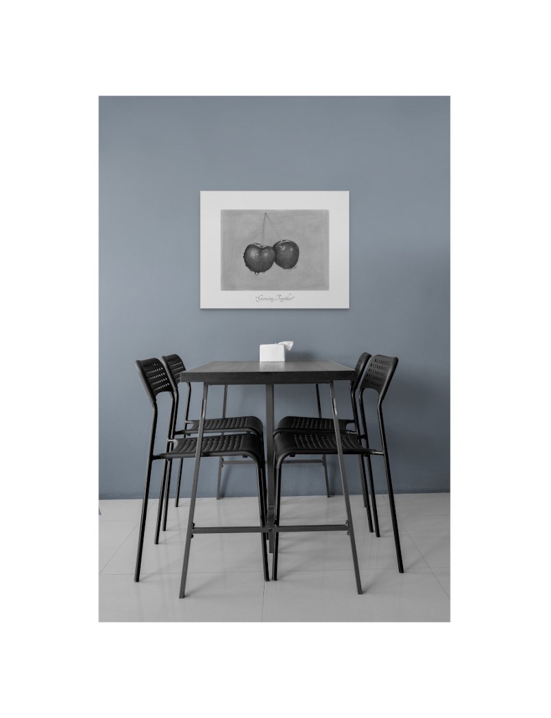GROWING TOGETHER - 1.25" Stretched Canvas Fine Art Print of a Realistic Pencil Drawing of Double Cherries. An Elegant Piece of Art to Suit Any Decor.