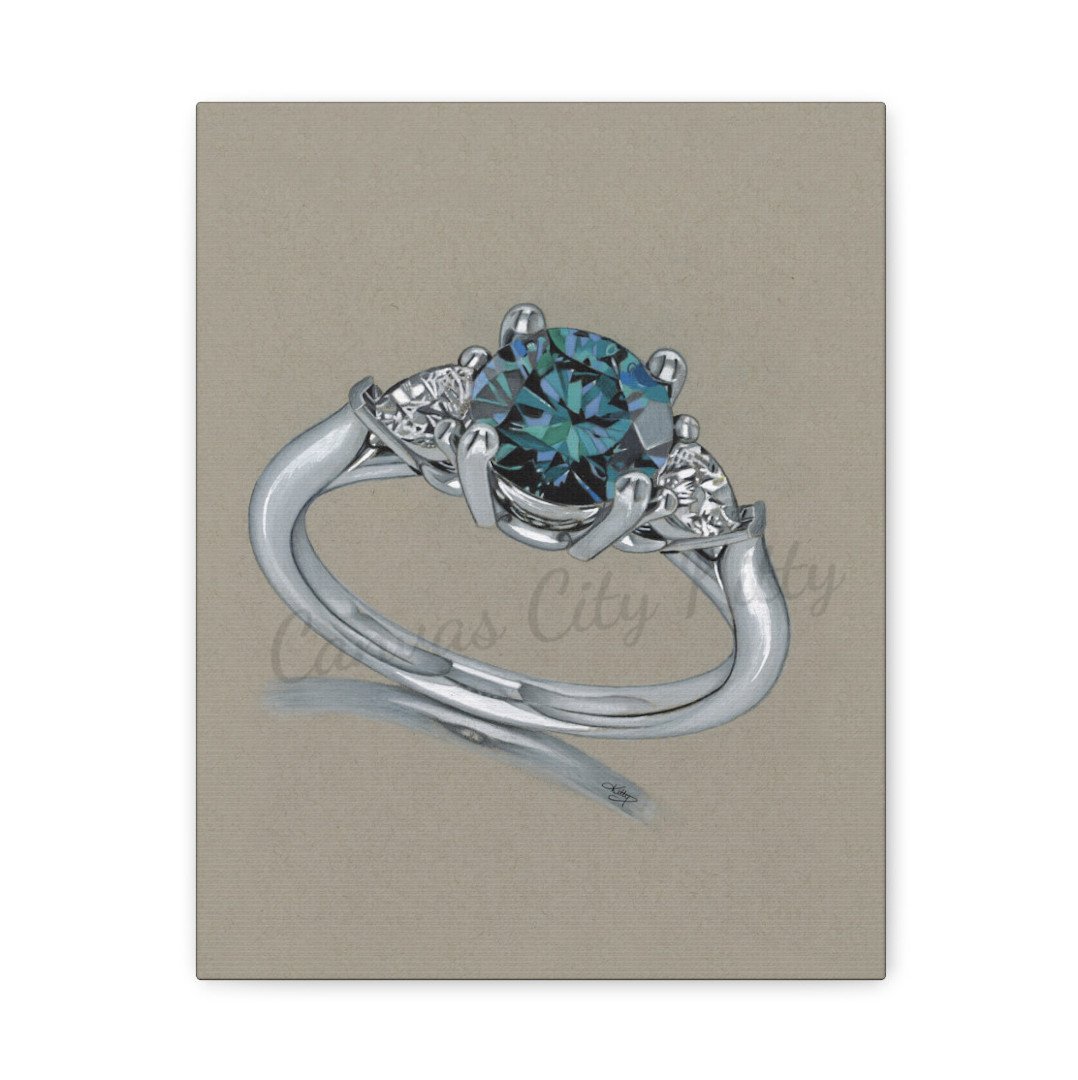BLUE DIAMOND - 1.25" Stretched Canvas Art Print of a Sparkling Ring - A Brilliant Blue Diamond, Surrounded by Two Clear Diamonds. Original Artwork Done in Colour Pencil.