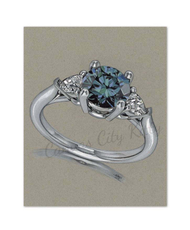 Matte Paper Print of a White Gold Diamond Ring with a Sparkling Blue Center Stone and White Diamonds on Each Side.