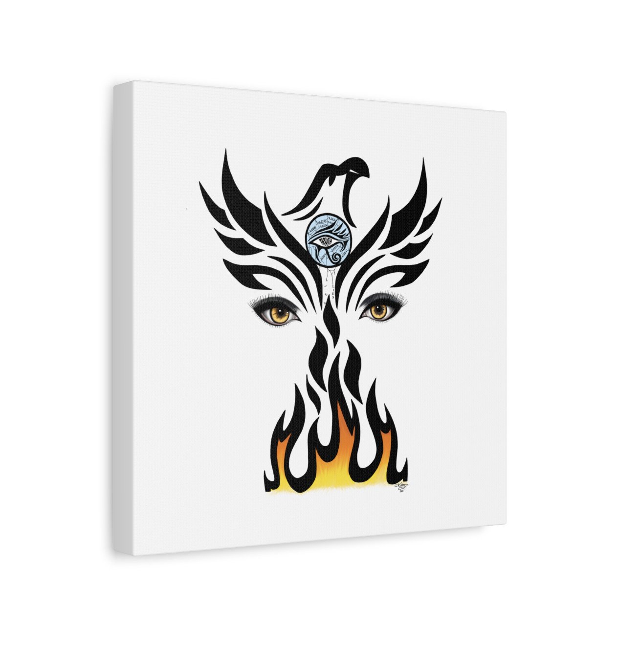 THE PHOENIX - 1.25" Stretched Canvas Art Print of a Phoenix Rising Up From the Ashes With The Protection of the Intuitive Third Eye. Original Artwork Done in Pencil and Digital Art.