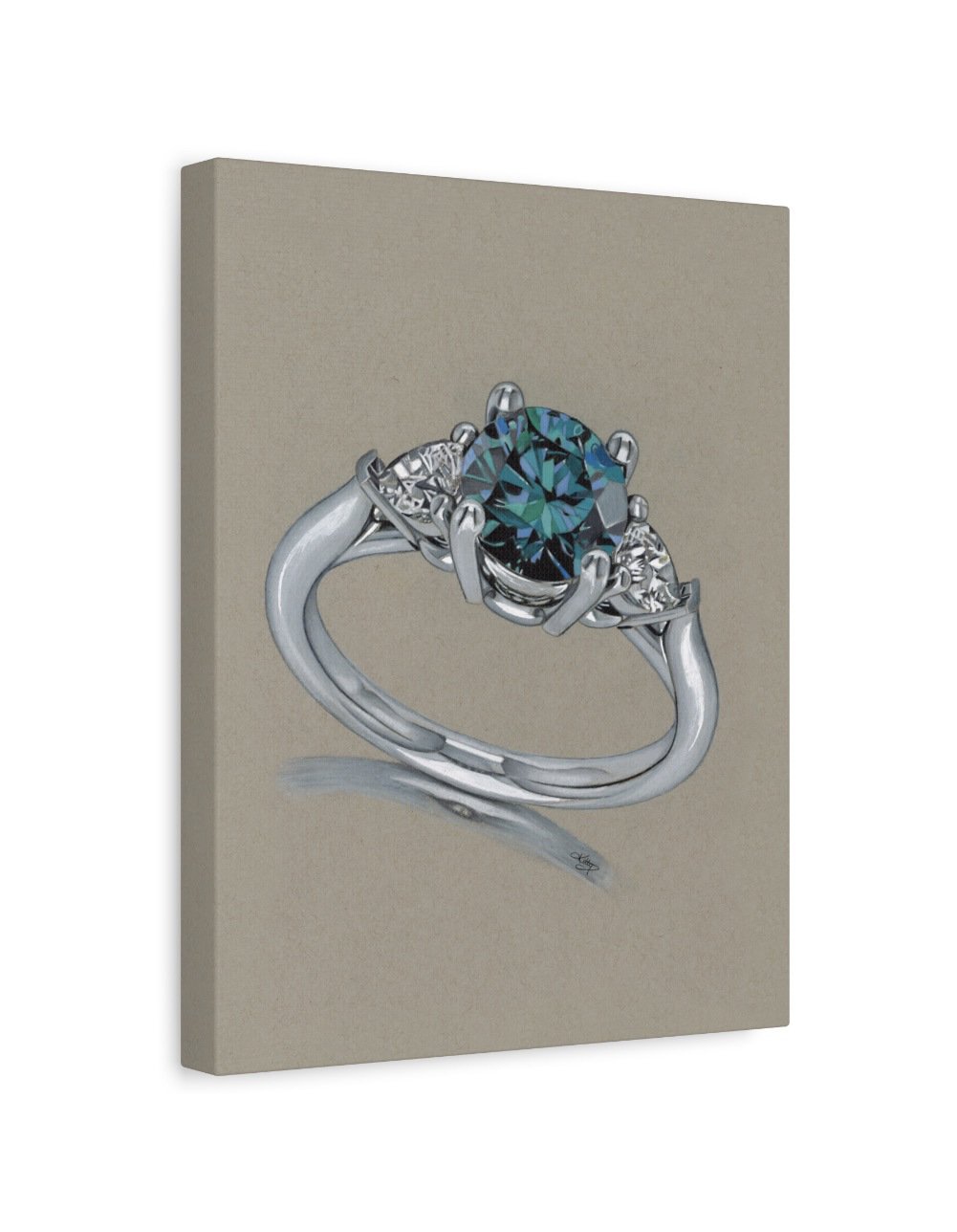 BLUE DIAMOND - 1.25" Stretched Canvas Art Print of a Stunning Ring - A Brilliant Blue Diamond, Surrounded by Two Clear Diamonds. Original Art Done in Colour Pencil.