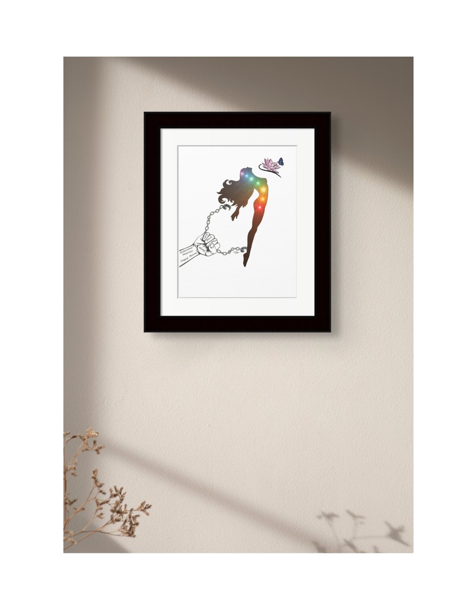 THE AWAKENING - A Framed Matte Wall Print of a Colour Pencil and Digital Art Healing Drawing of a Woman Breaking Free From Toxicity and Aligning Her Chakras. Don't Let Anyone Dim Your Light.
