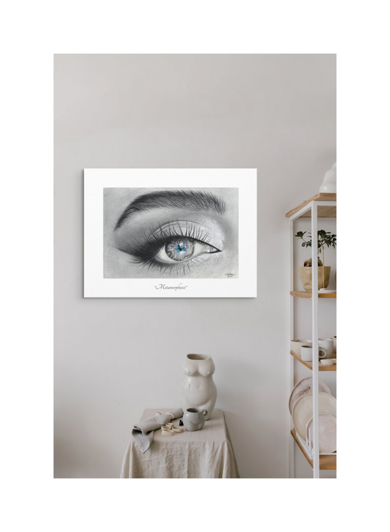 METAMORPHOSIS - Canvas Fine Art Print of a Captivating Eye Drawn in Only Pencil, With a Blue Butterfly Adding Colour to the Pupil, Symbolizing a Beautiful Transformation of the Soul.