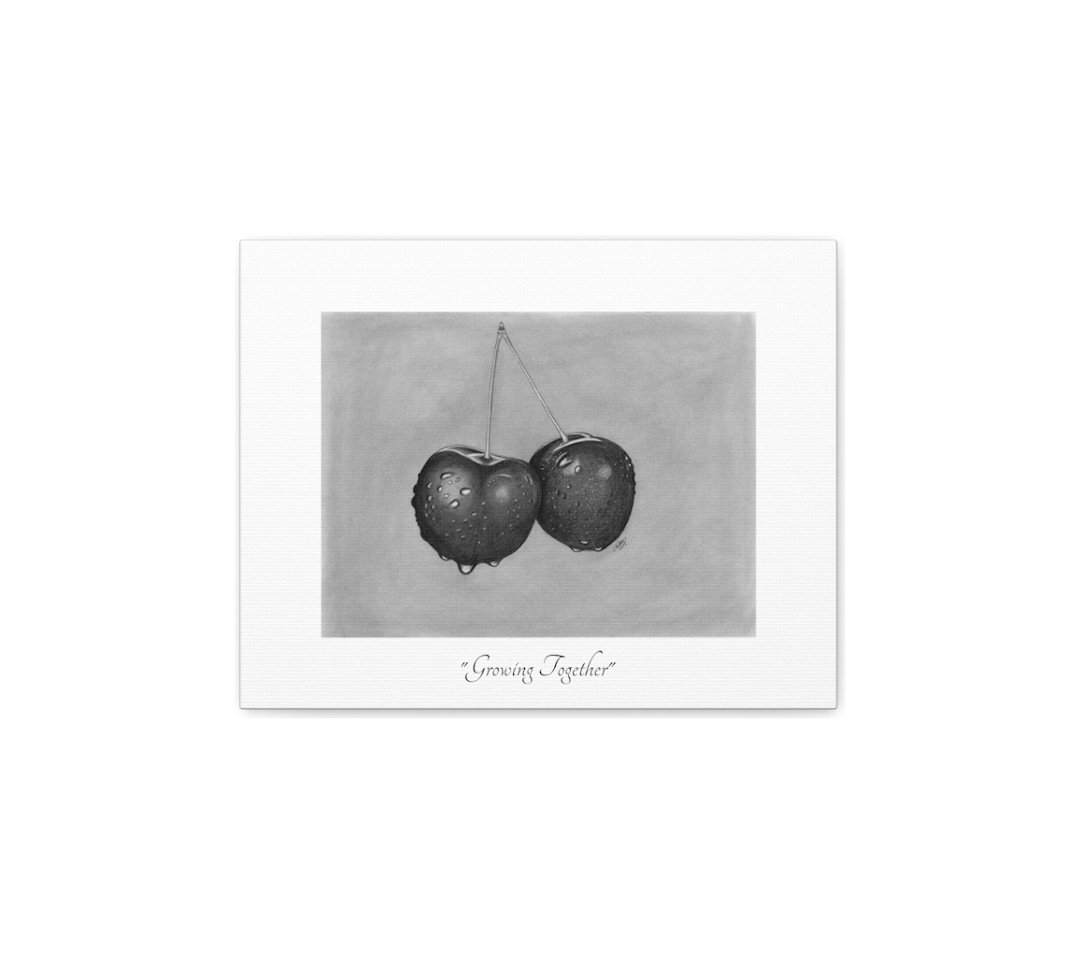 GROWING TOGETHER - Canvas Fine Art Print of Double Cherries Attached by the Stem and Growing Together, Yet Each is an Individual Cherry.