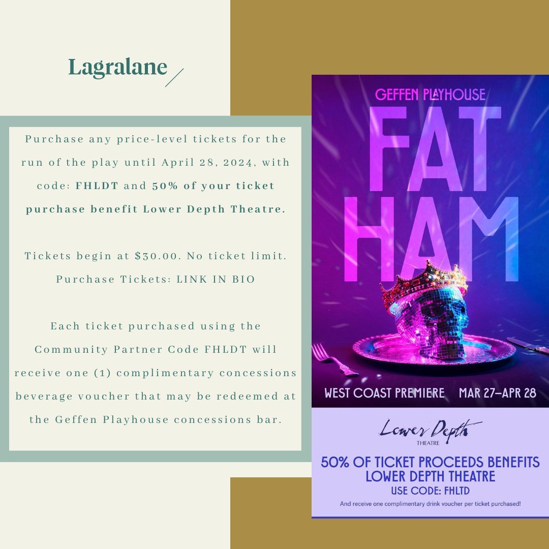 🎭 Exciting news! You can still support @Ldte with the @geffenplayhouse production of &quot;Fat Ham&quot;! Use code FHLDT at checkout, and 50% of proceeds will directly benefit Lower Depth Theatre. 

🌟 Tickets start at $30, and any ticket selection 