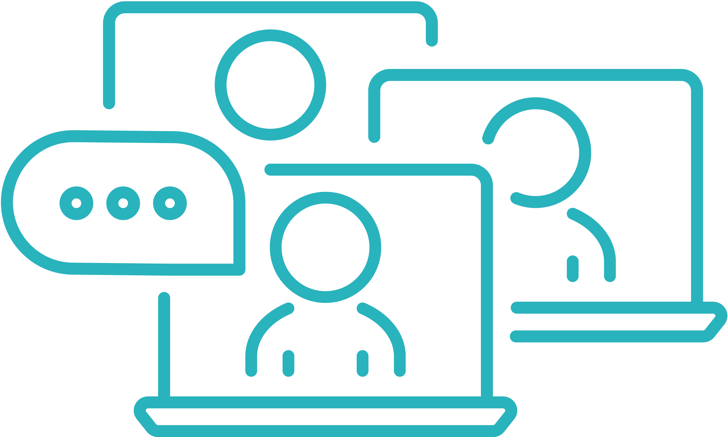 Outline of a person on a computer screen with chat bubble, video camera, and other screens around.