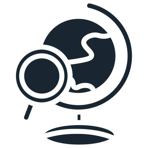Line drawing of a globe with a magnifying glass over it, representing global search or exploration.