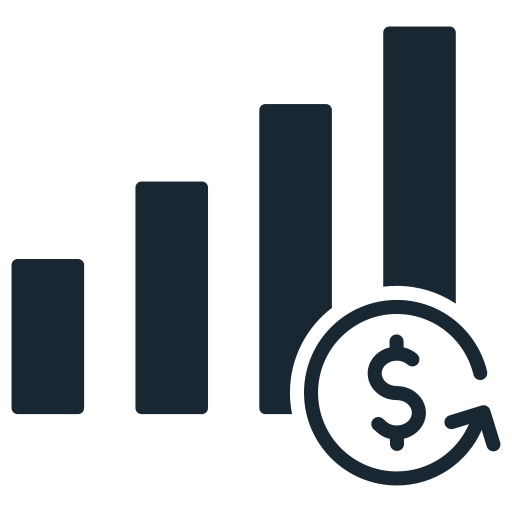 Graph with rising bars and a dollar sign with a circular arrow, symbolizing financial growth or profit.
