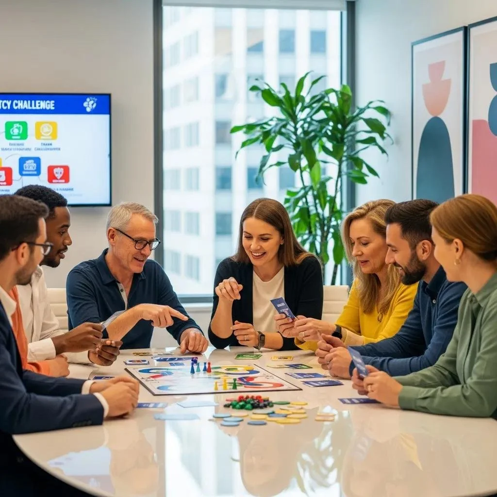 Colleagues playing a facilitated leadership game in a modern office