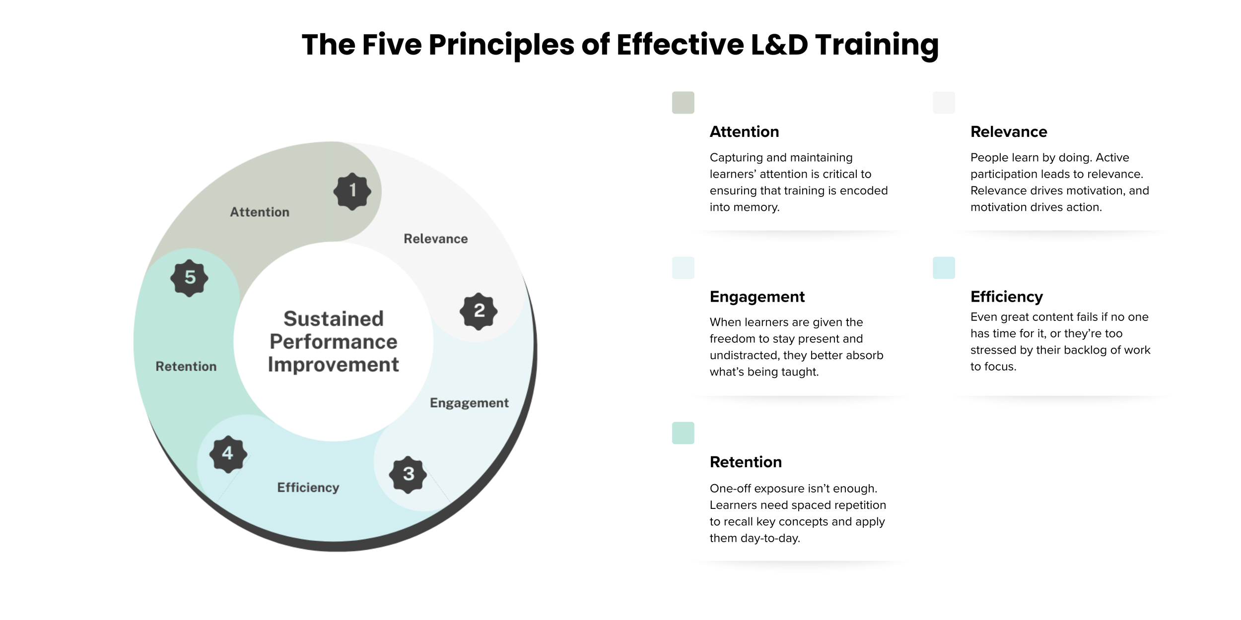 Diagram titled 'The Five Principles of Effective L&D Training' illustrating five principles surrounding 'Sustained Performance Improvement,' with numbered sections for Attention, Relevance, Engagement, Efficiency, and Retention, accompanied by brief descriptions on the right side.