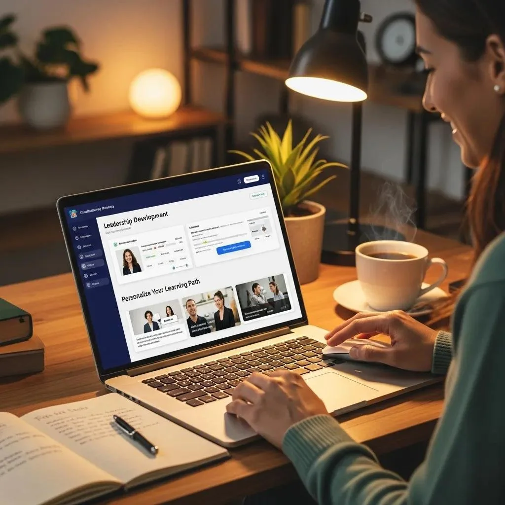 Trainer customizing microlearning leadership modules on a laptop in a calm workspace
