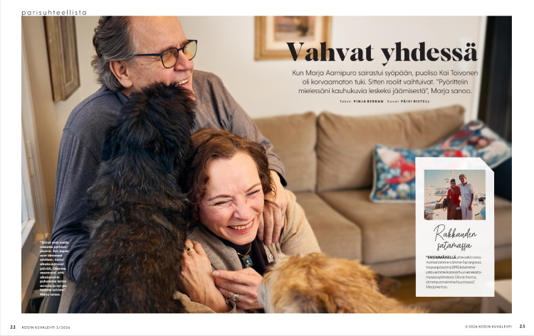 Kirjailija Marja Aarnipuro ja Kari Toivonen kertovat syöpään sairastumisesta Kodin Kuvalehdessä.
