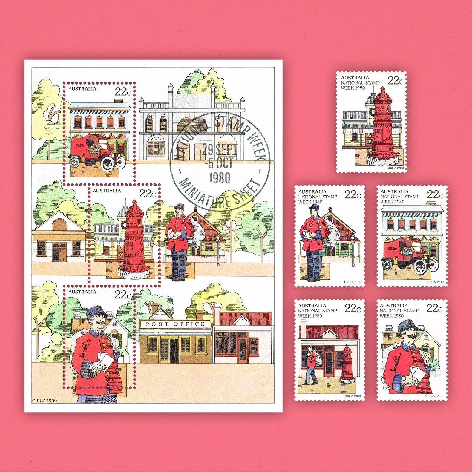 1980 National Stamp Week

Australia&rsquo;s official postal history began in 1809 with Issac Nichol&rsquo;s appointment as postmaster for the colony of New South Wales. This one-person service grew with the population, and each colony soon establishe