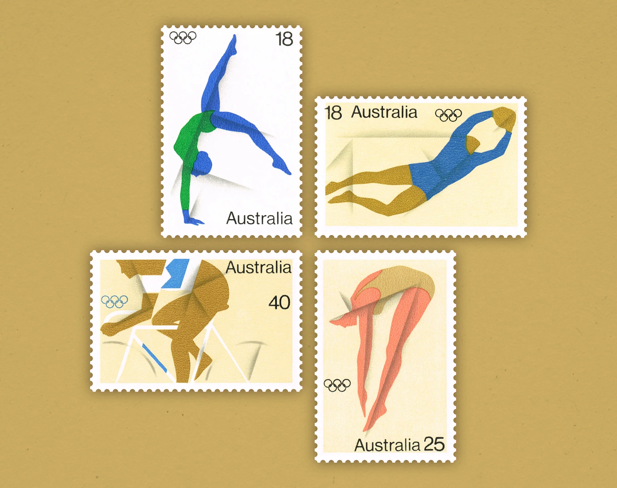 1976 Olympic Montreal

A series of stamps that mark the 1976 Olympic Games in Montreal featuring gymnastics, football, cycling and diving.

Technical Details

Stamp design: Arthur Leydin with Rodney Birchett and Des O'Brien

Denomination: 18c, 25c, 4