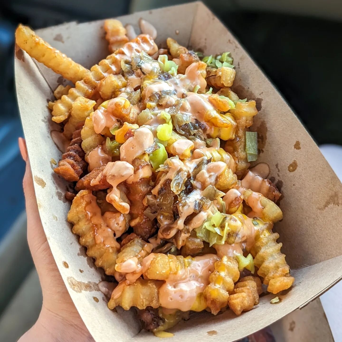 Animal fries, chicken tinga tacos, and choripan hot dog @bleuducktruck 😋