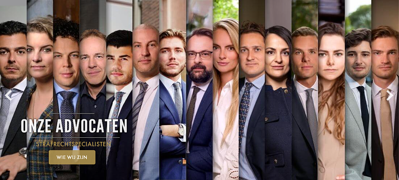 Groep advocaten in zakelijke kleding, met tekst 'Onze Advocaten' en 'Strafrechtsspecialisten' op de afbeelding.