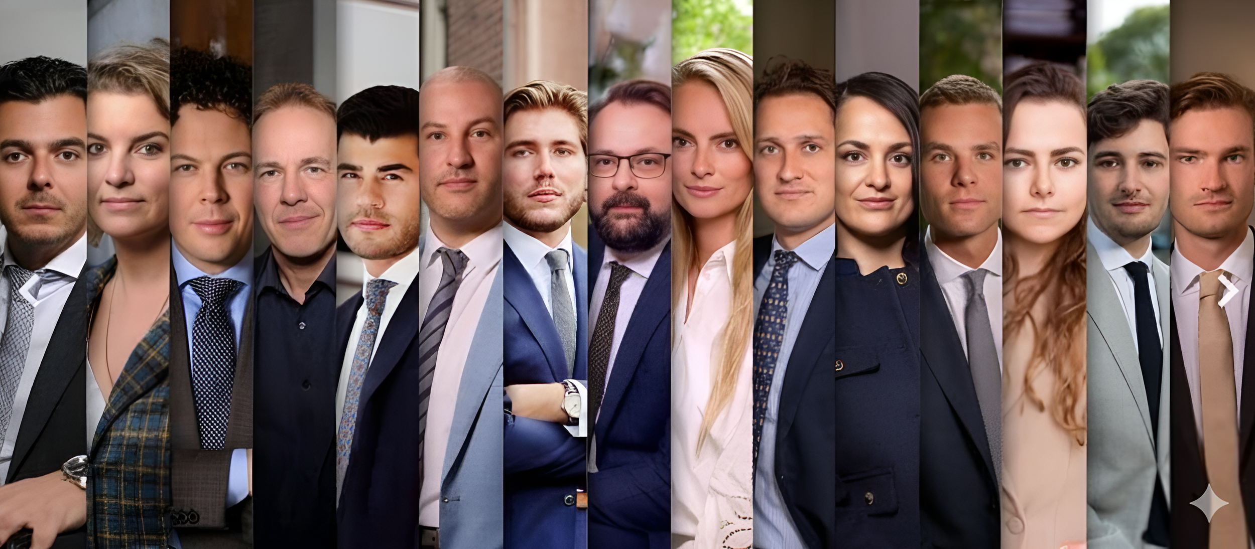 Samenleving van diverse professionals, mannen en vrouwen in zakelijke kleding, voor een moderne kantooromgeving.