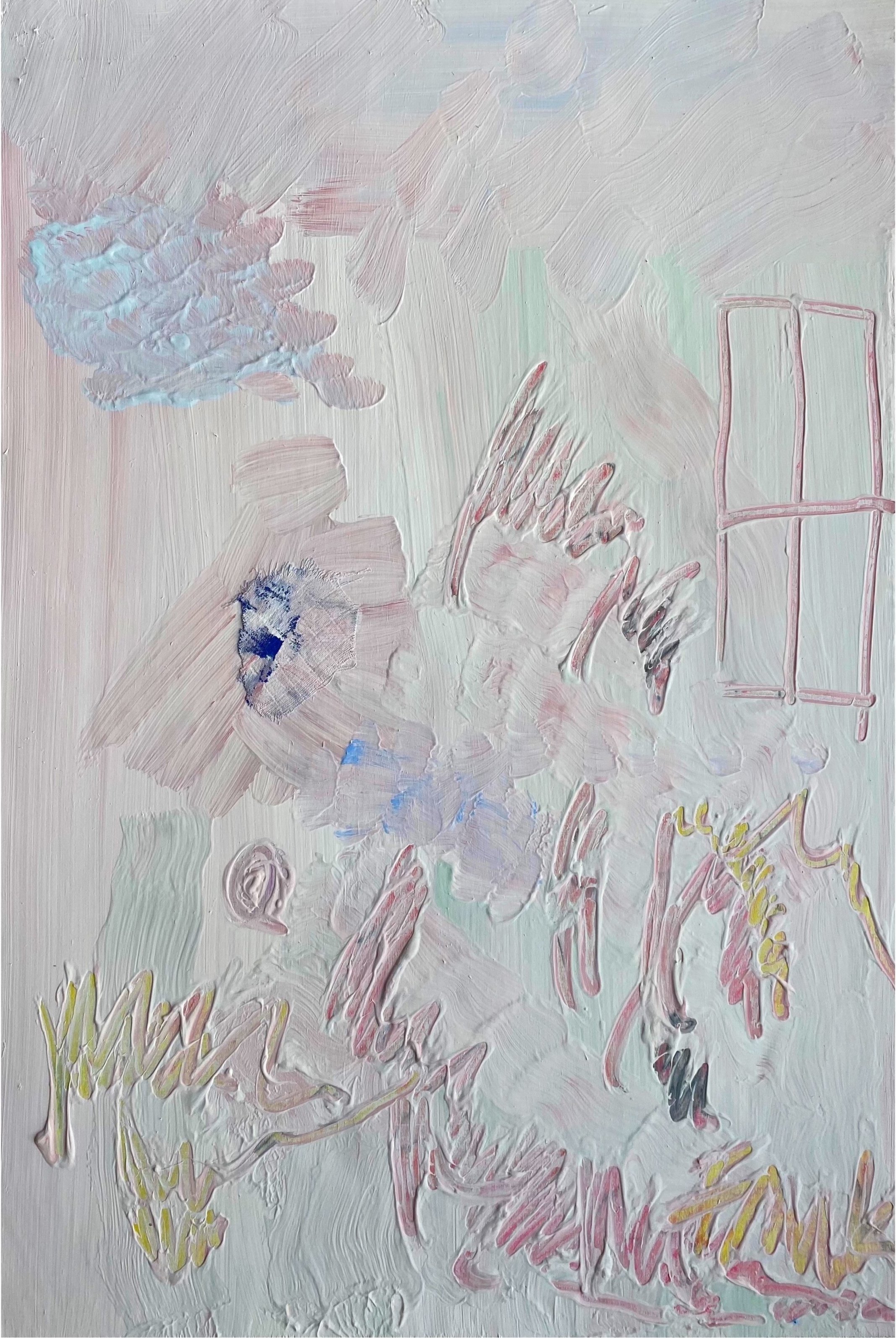 i never knew that only love could hurt like this (2021) Emulsion, wax crayon, graphite, baby blanket on wood 73cm x 49.5cm