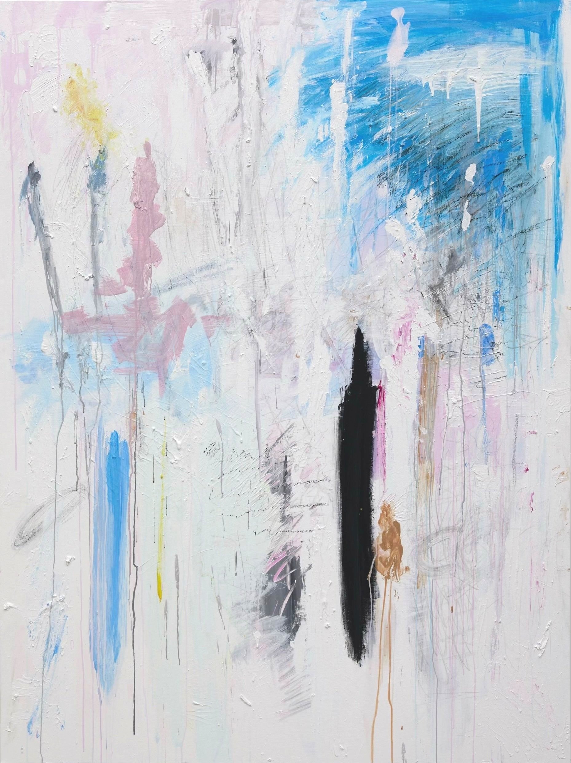 im so glad i found you because without you id be lost (2025) Acrylic, emulsion, industrial paint, found rubber, oil stick on canvas 150cm x 200cm