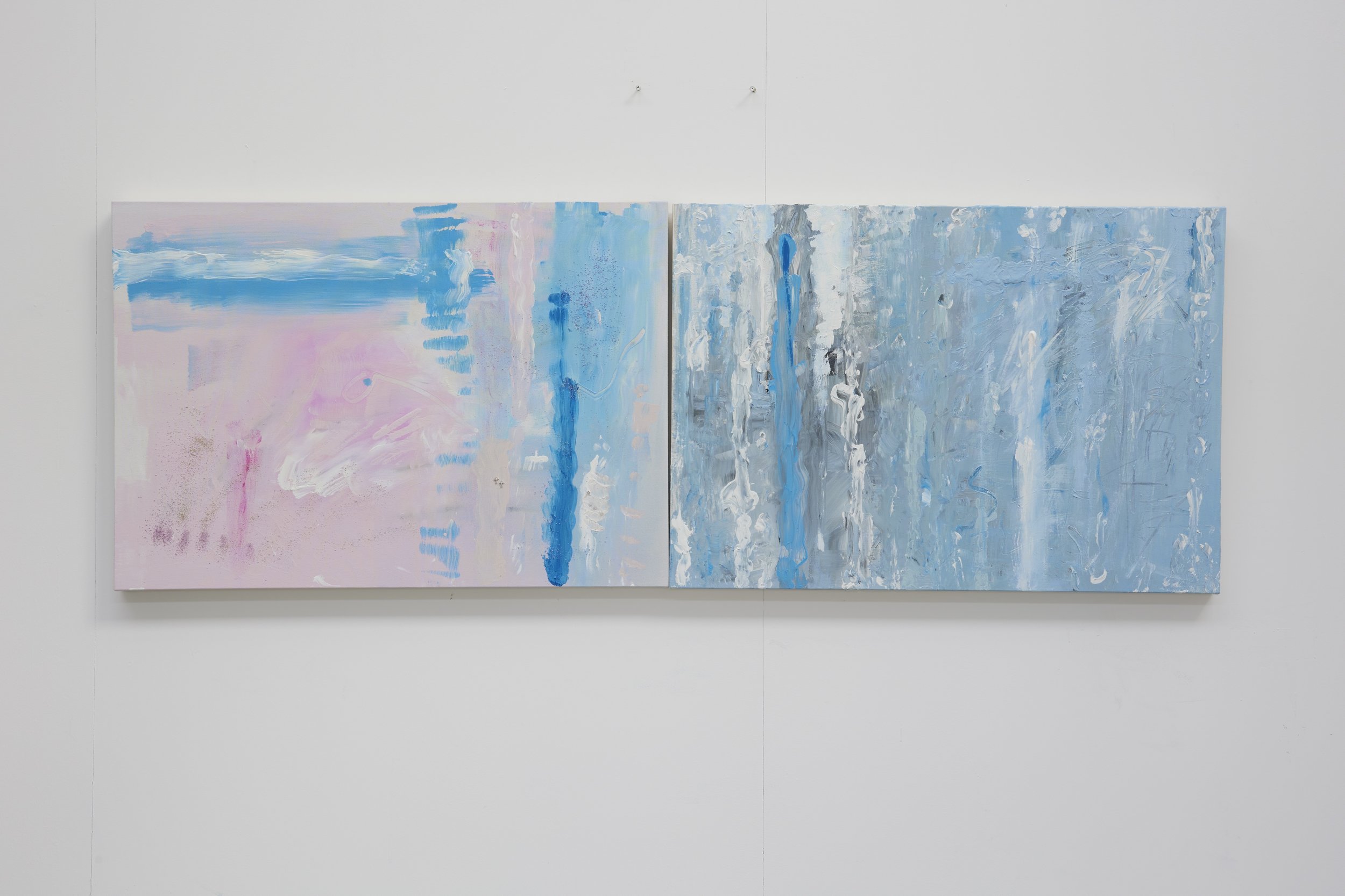 222, 333 (2025) 222 Acrylic, emulsion, poster paint, placenta essence, found rubber, oil stick, nail gems, rose quartz, incense 333 Acrylic, emulsion, industrial paint