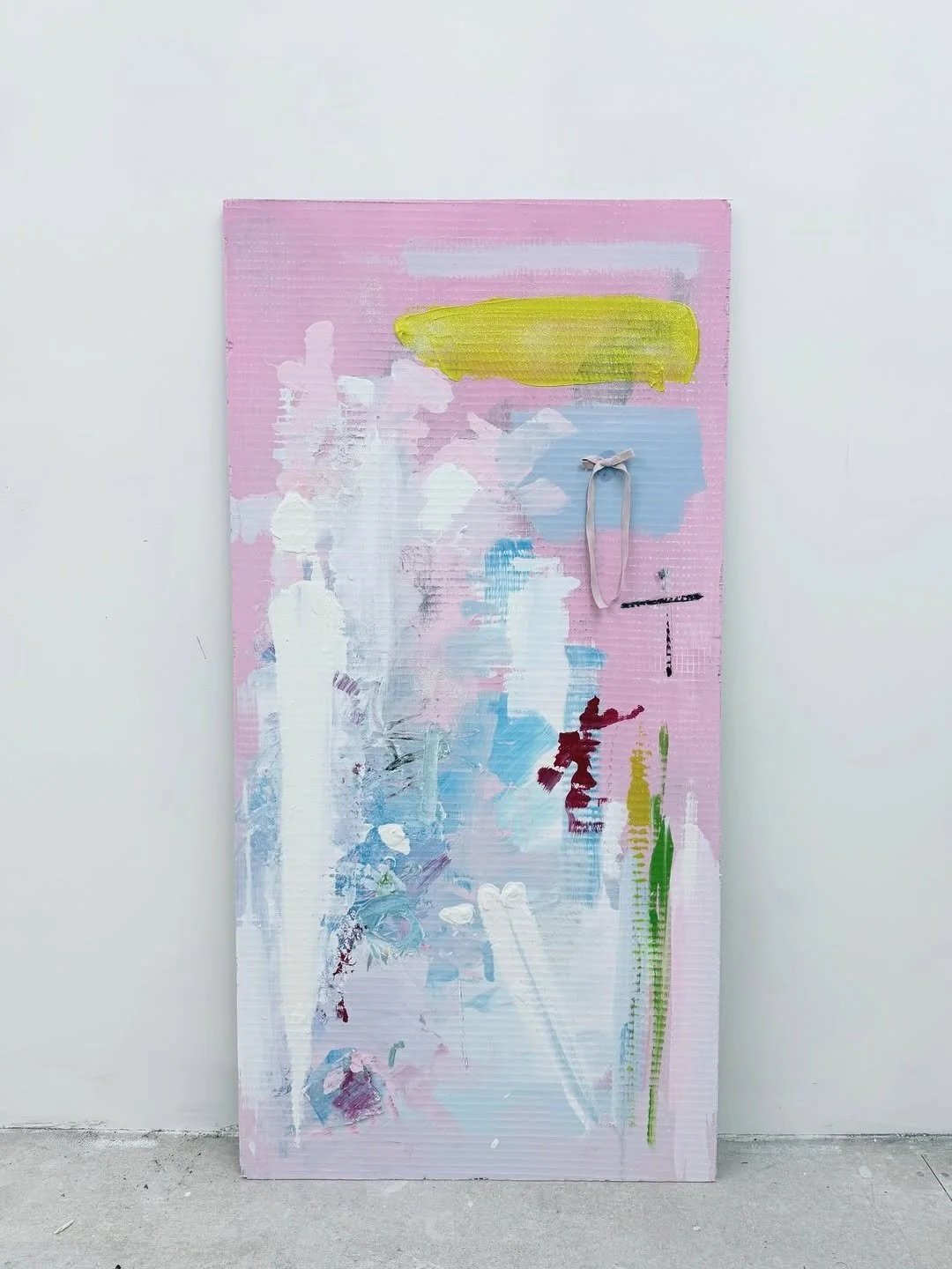 SISTINE MADONNA (2026) Acrylic, house paint, spray paint, oil, ribbon, bubble wrap, builders sand, glitter on Jacoboard extruded polystyrene foam and cement