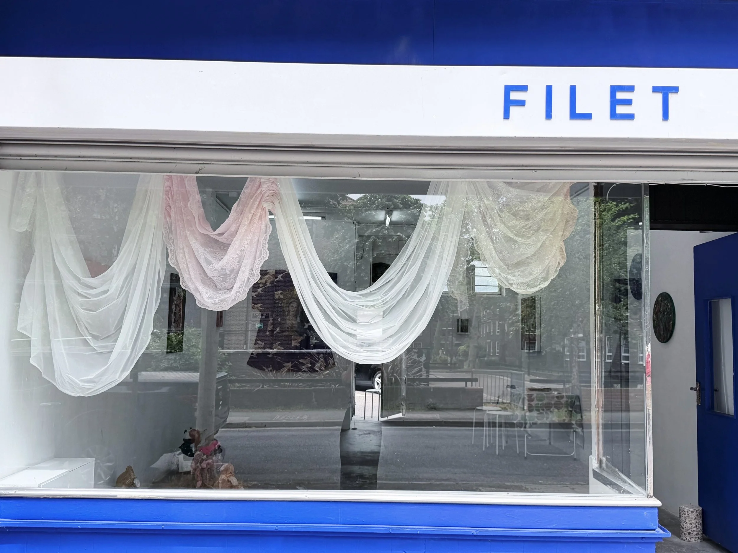 Veil (2026) Polyester lace voile curtain panels, polyester sewing thread, black tea stain, salt, incense ash