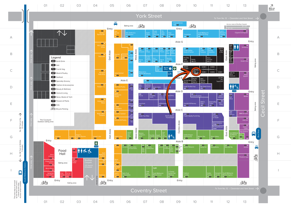 Map of Melbourne South Melbourne Market showing various stalls, food halls, dining areas, and different sections with color-coded zones.