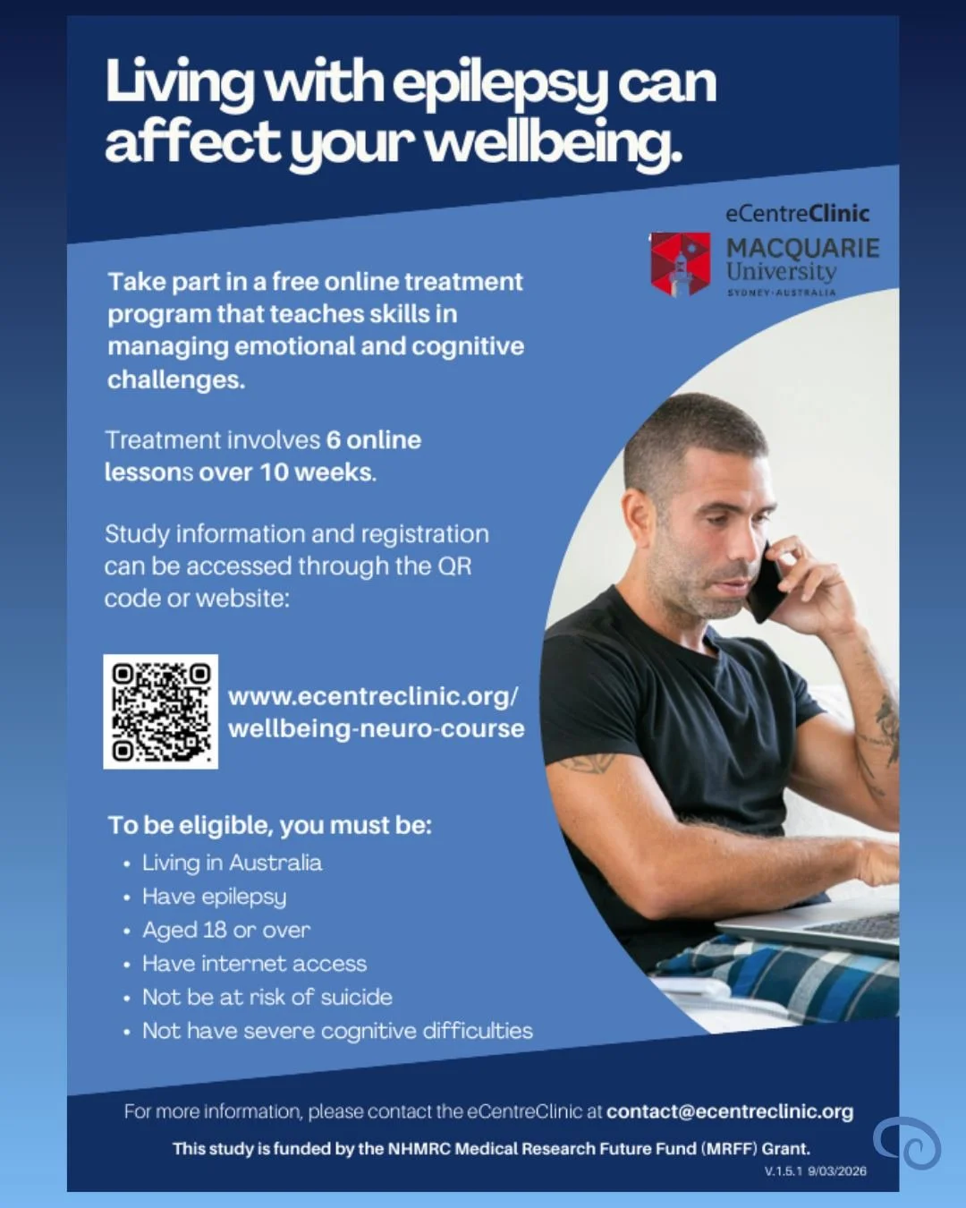 A free online treatment program is now available for eligible adults in Australia living with epilepsy. Learning helpful management strategies can assist in daily life. 
Scan the QR code to find out more
#Epilepsy #wellbeing