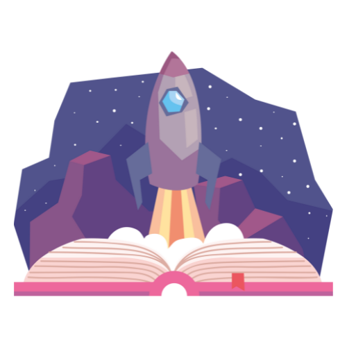 Illustration of a rocket launching from an open book with a starry sky background.