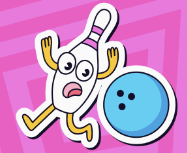 Cartoon bowling pin with arms and legs next to blue bowling ball on pink background.