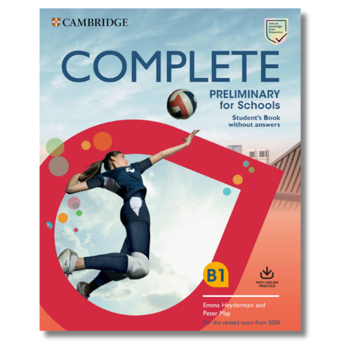 Book cover of 'Complete Preliminary for Schools' by Cambridge, showing a student playing football and featuring a B1 level indicator.