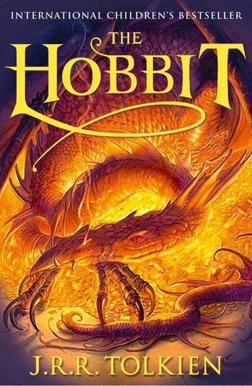 Cover of "The Hobbit" by J.R.R. Tolkien featuring a dragon on a pile of gold.