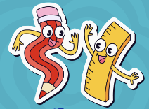 Cartoon pencil and ruler characters high-fiving on a blue background.
