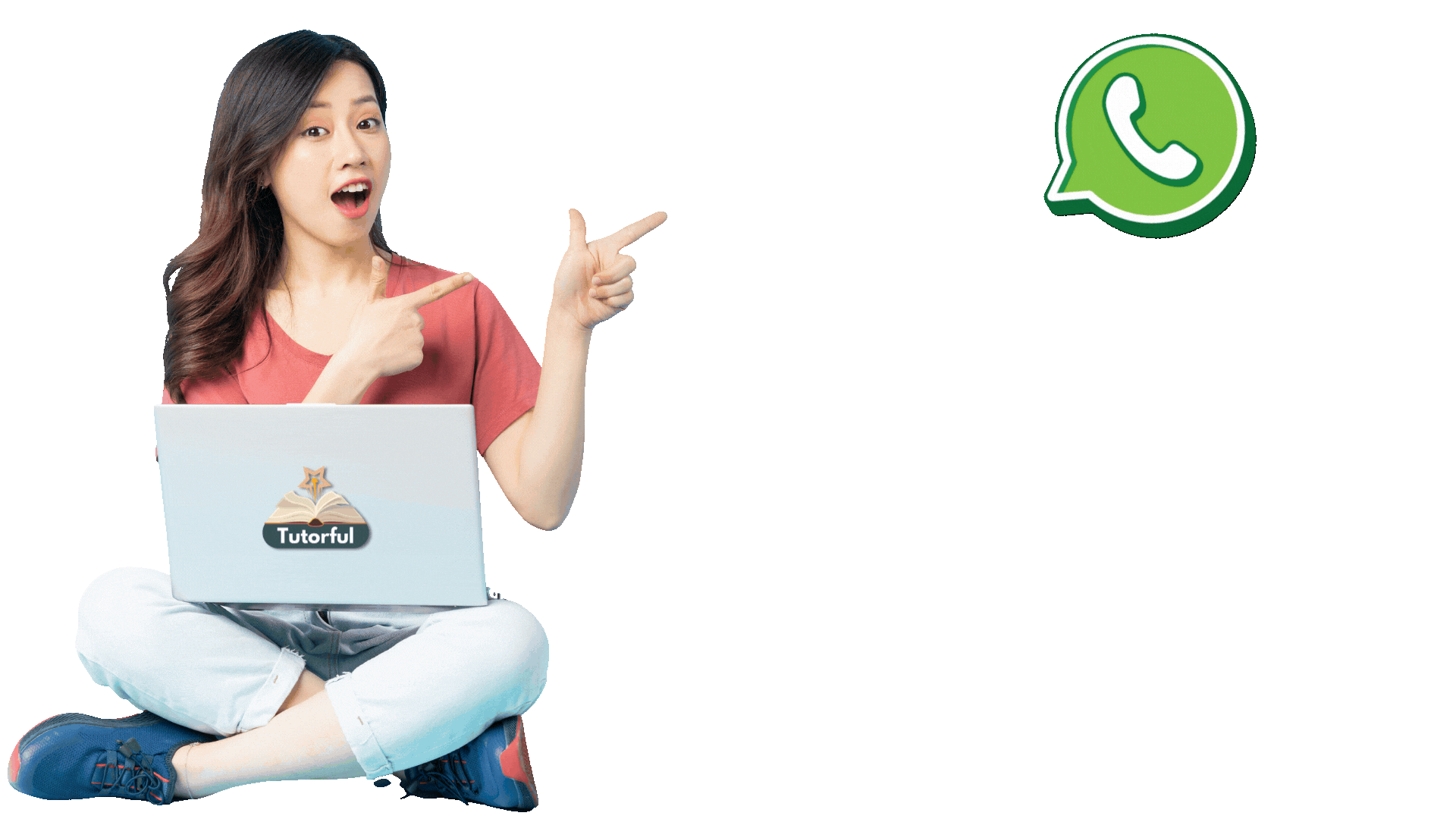 A young woman sitting cross-legged with a laptop on her lap, pointing to the right where a WhatsApp icon is displayed against a yellow background.