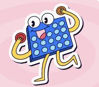 Cartoon blue game board character holding red and yellow tokens, with eyes and arms, on a pink background.