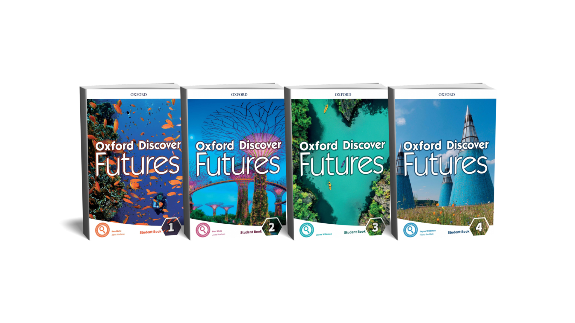 Set of four Oxford Discover Futures student books with colorful covers.