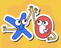 Cartoon letters X and O with eyes and limbs on yellow background