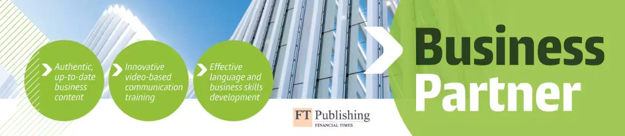 Business Partner banner with text about authentic business content, video-based communication training, and skills development. Includes FT Publishing logo and architectural background.