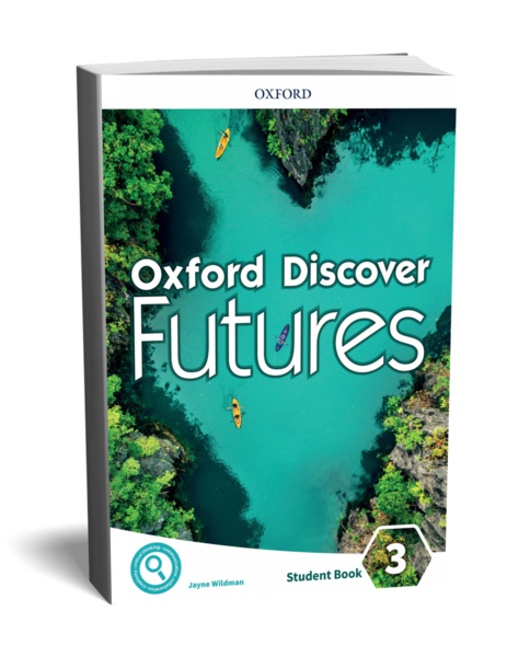 Cover of 'Oxford Discover Futures Student Book 3' featuring a vibrant aerial view of kayaks on a river surrounded by lush greenery.
