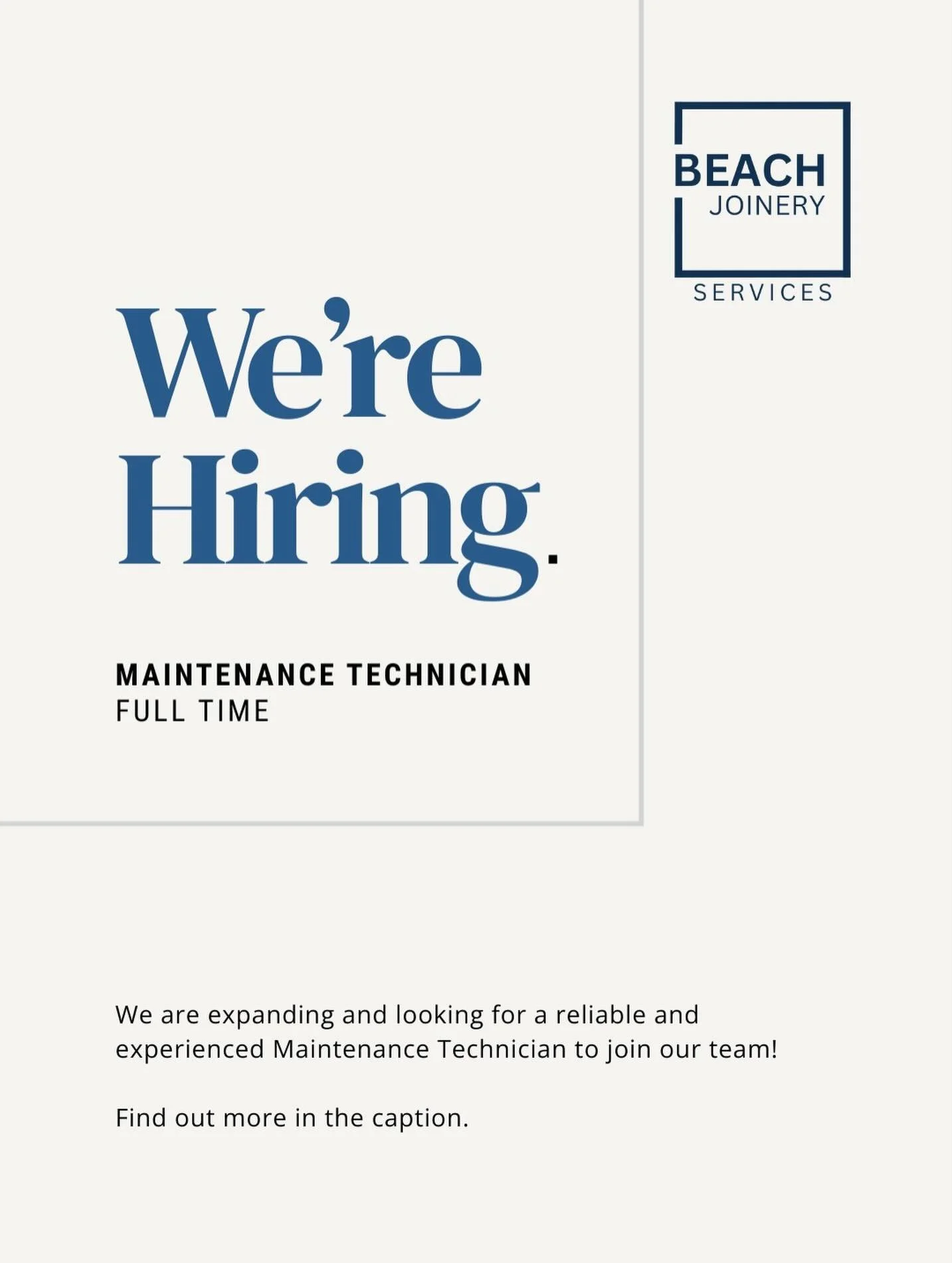 Beach Joinery is hiring! We are expanding and looking for a reliable and experienced Maintenance Technician to join our team.

Send through your CV and cover letter to us at beachjoinery@gmail.com to be considered. 

&mdash;
About the Role:
You&rsquo