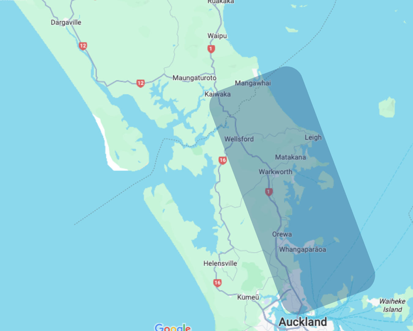 Beach joinery Services map from Mangawhai to north shore