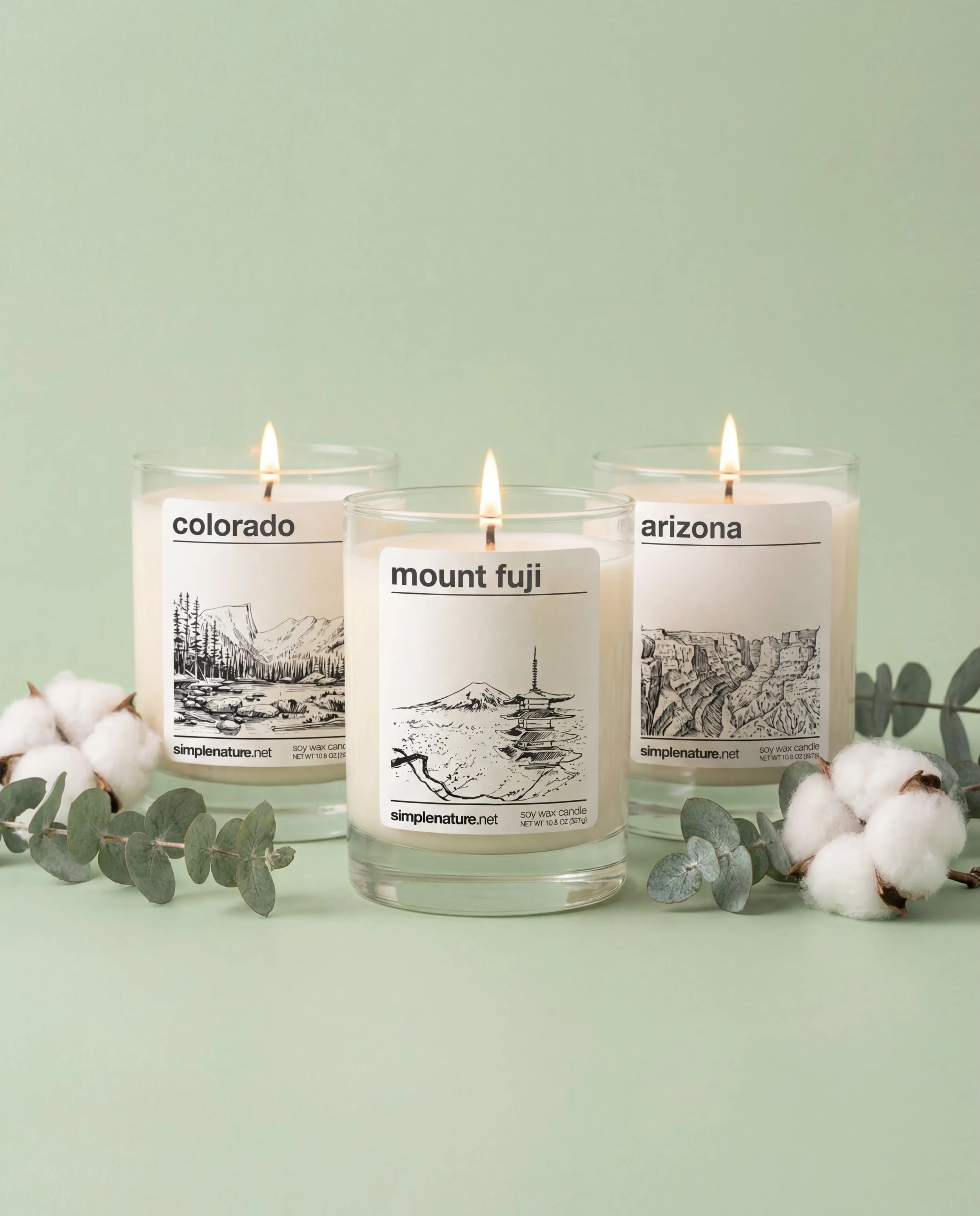 Three lit candles in glass holders with labels reading 'seamist', 'colorado', and 'mount fuji', surrounded by green eucalyptus branches on a light green surface.