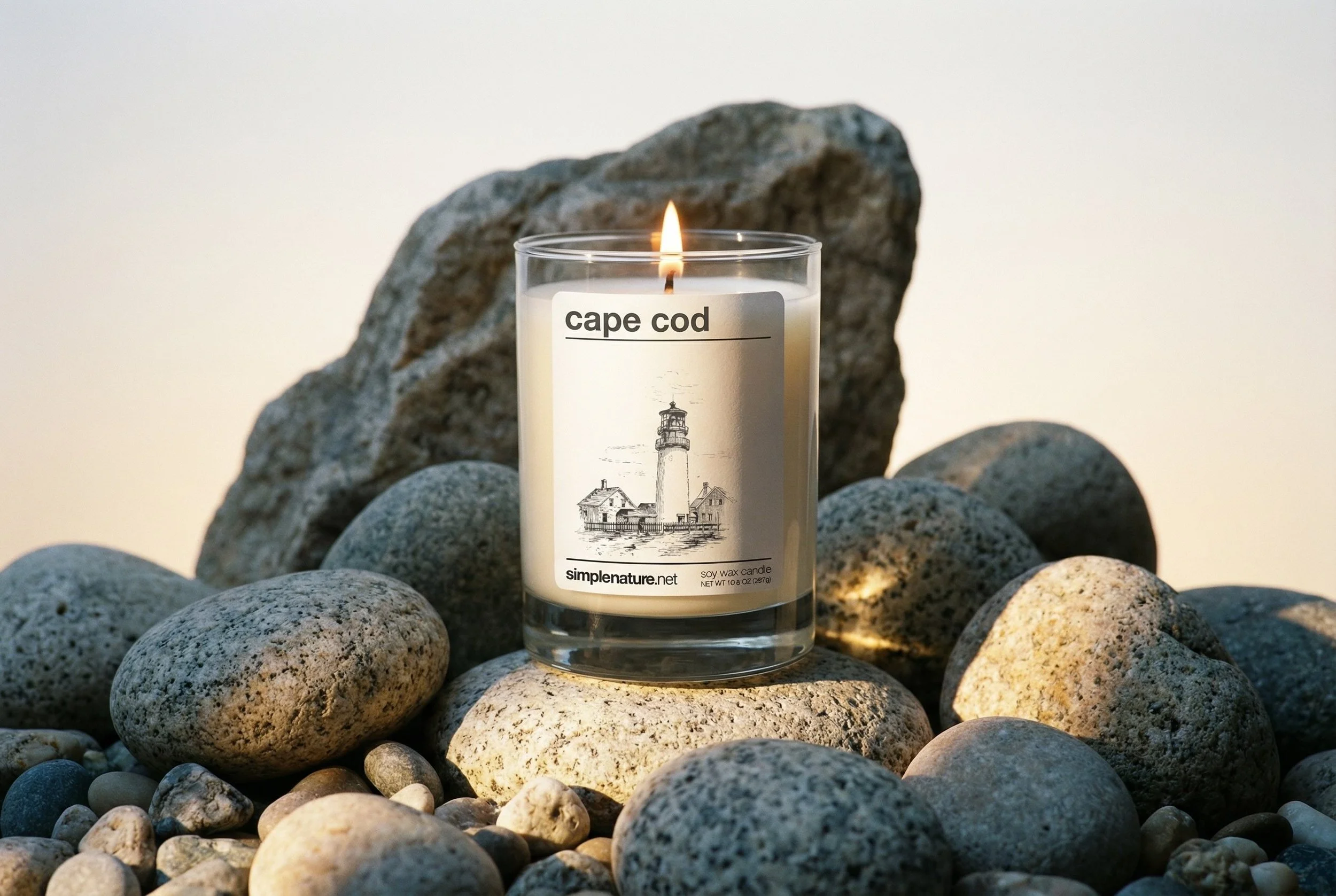 Lit soy wax candle with lighthouse illustration and label reading 'cape cod' on a bed of smooth rocks and pebbles.