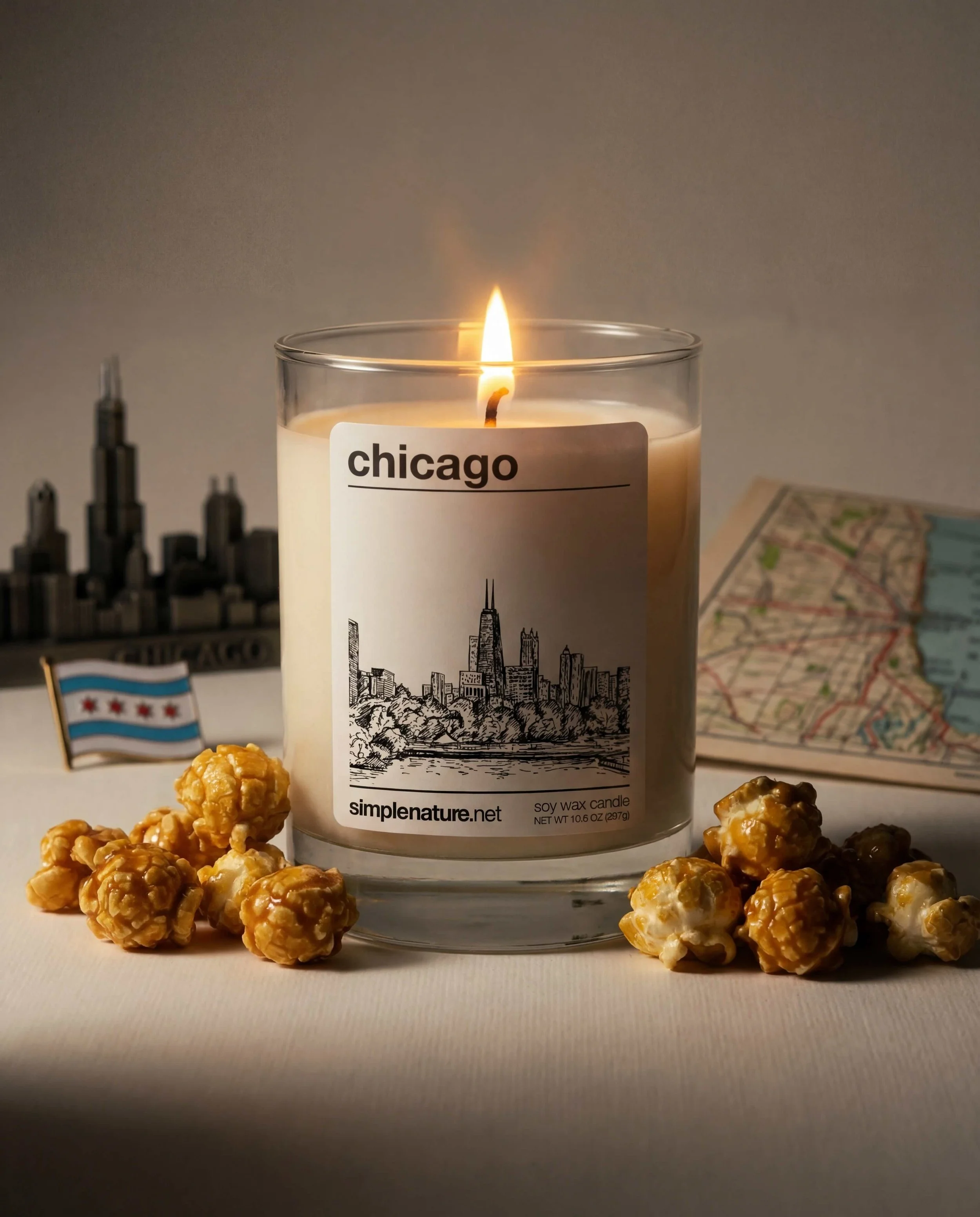 A candle with a Chicago skyline design on the label, surrounded by caramel popcorn, with a Chicago flag and a map of Chicago in the background.