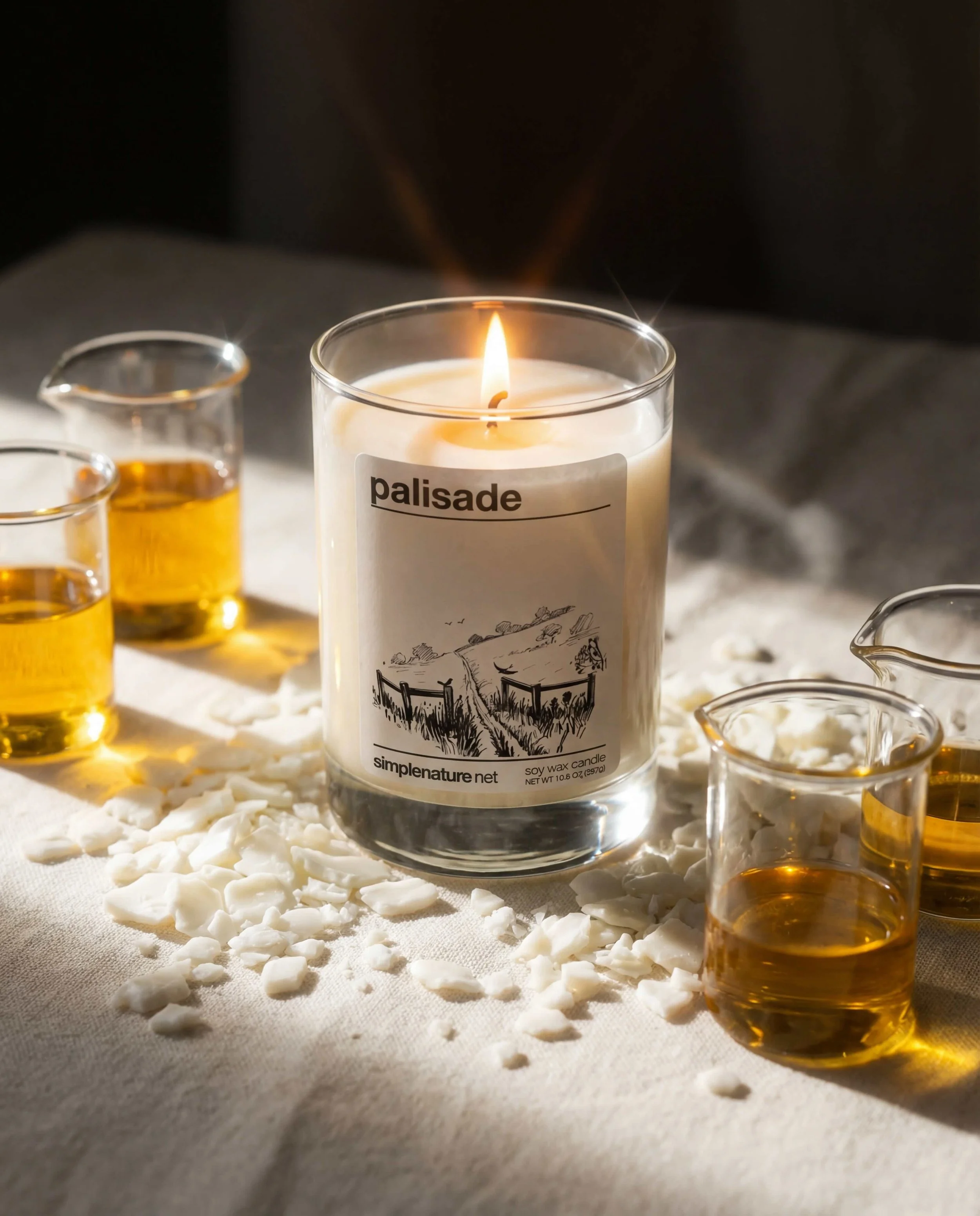 A lit candle labeled 'palisade' surrounded by small white stones and four glasses of amber-colored liquid on a white cloth.