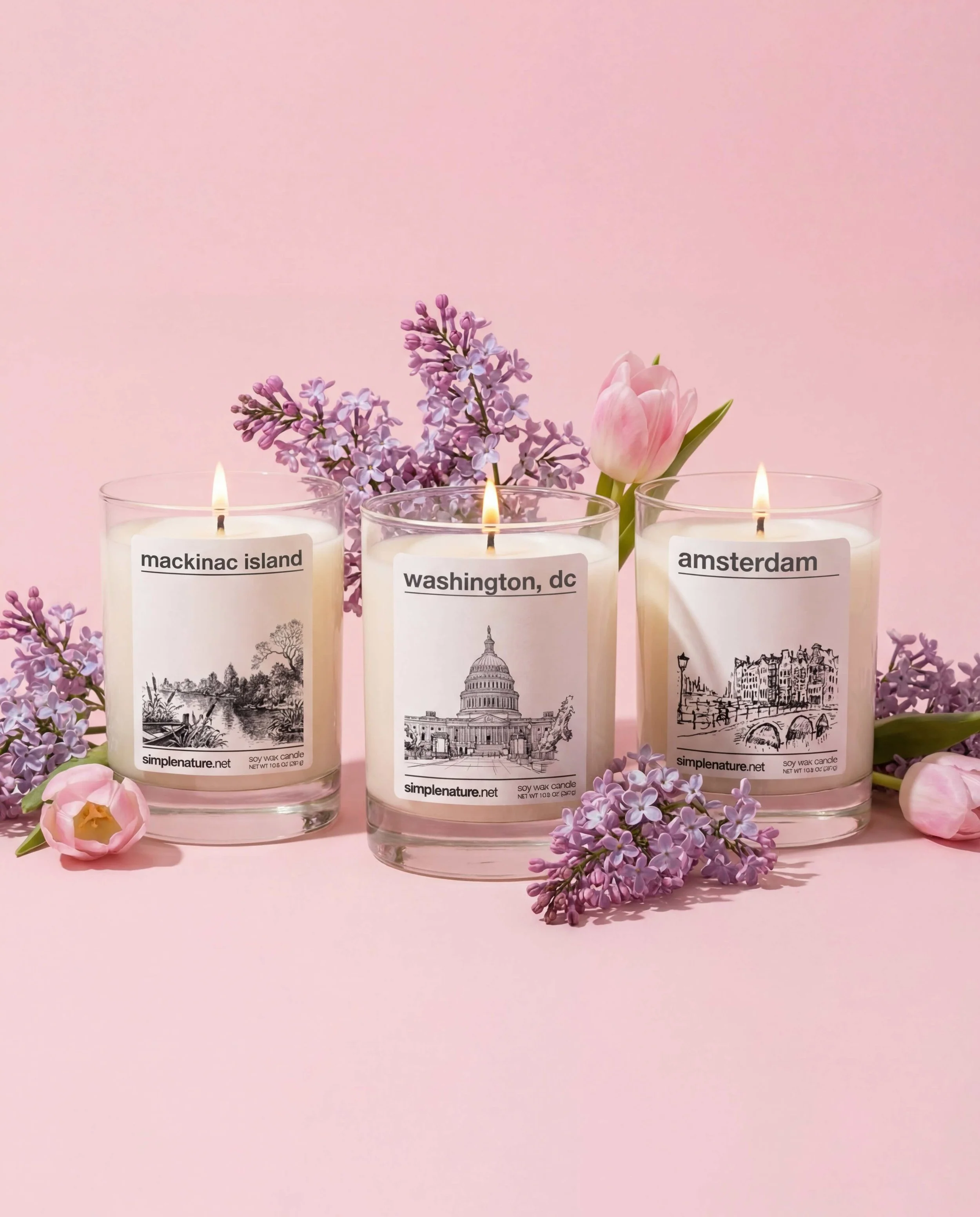 Four lit candles with labels 'petal,' 'mackinac island,' 'lush,' and 'ireland,' surrounded by rocks, ferns, and small purple and white flowers, set against a dark background.