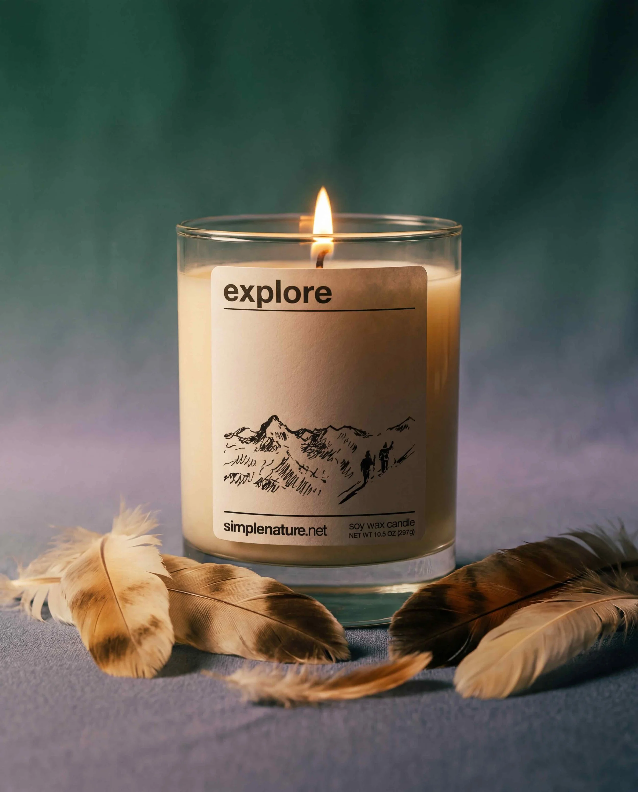 Explore-Green-Purple-Feathers-soy-wax-candle-home-decor-clean-eco.jpeg