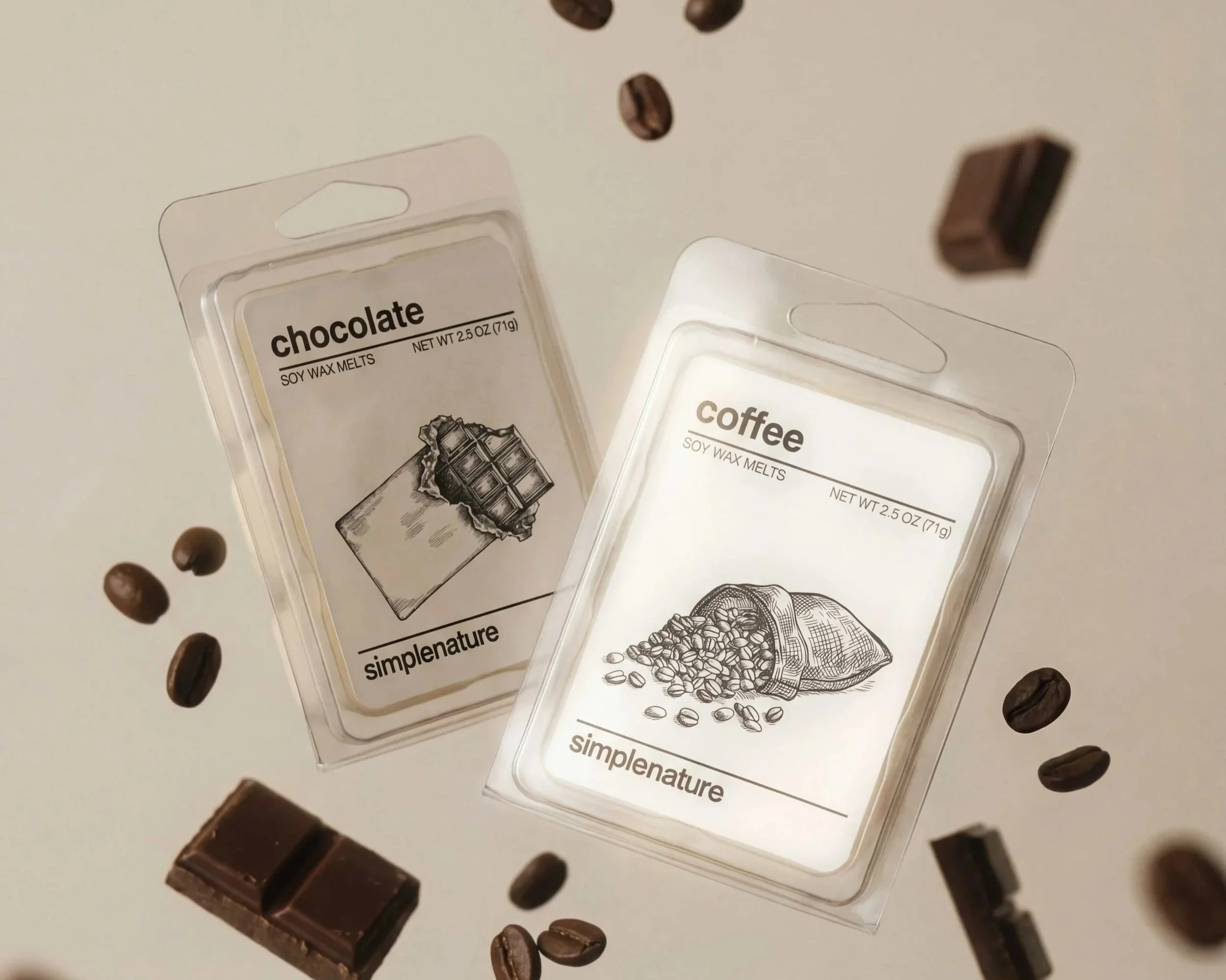 Two packages of soy wax melts labeled 'chocolate' and 'coffee' with illustrated images of a chocolate bar and a bag of coffee beans, surrounded by scattered coffee beans and chocolate pieces on a white background.