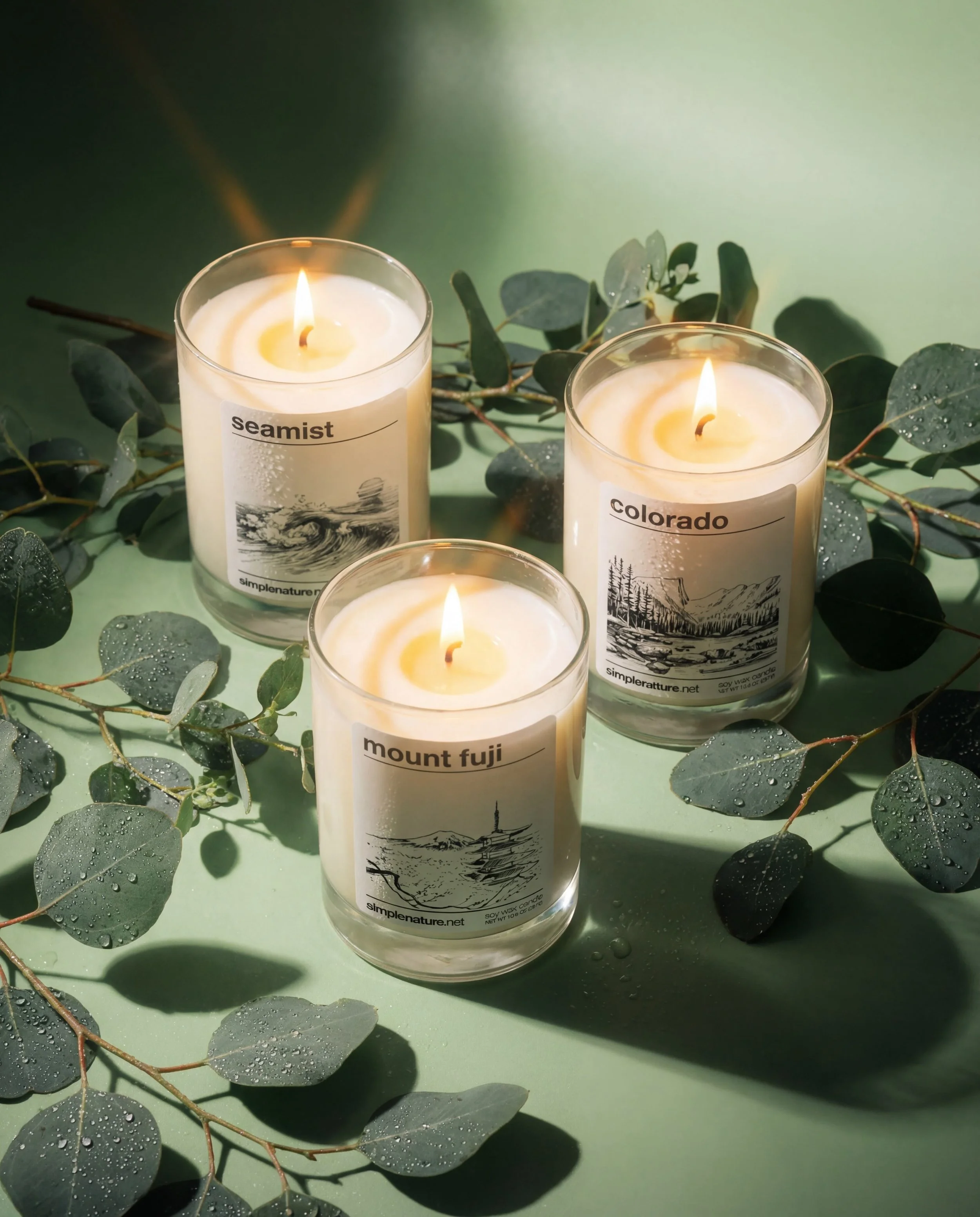 Three lit candles in glass holders with labels reading 'seamist', 'colorado', and 'mount fuji', surrounded by green eucalyptus branches on a light green surface.