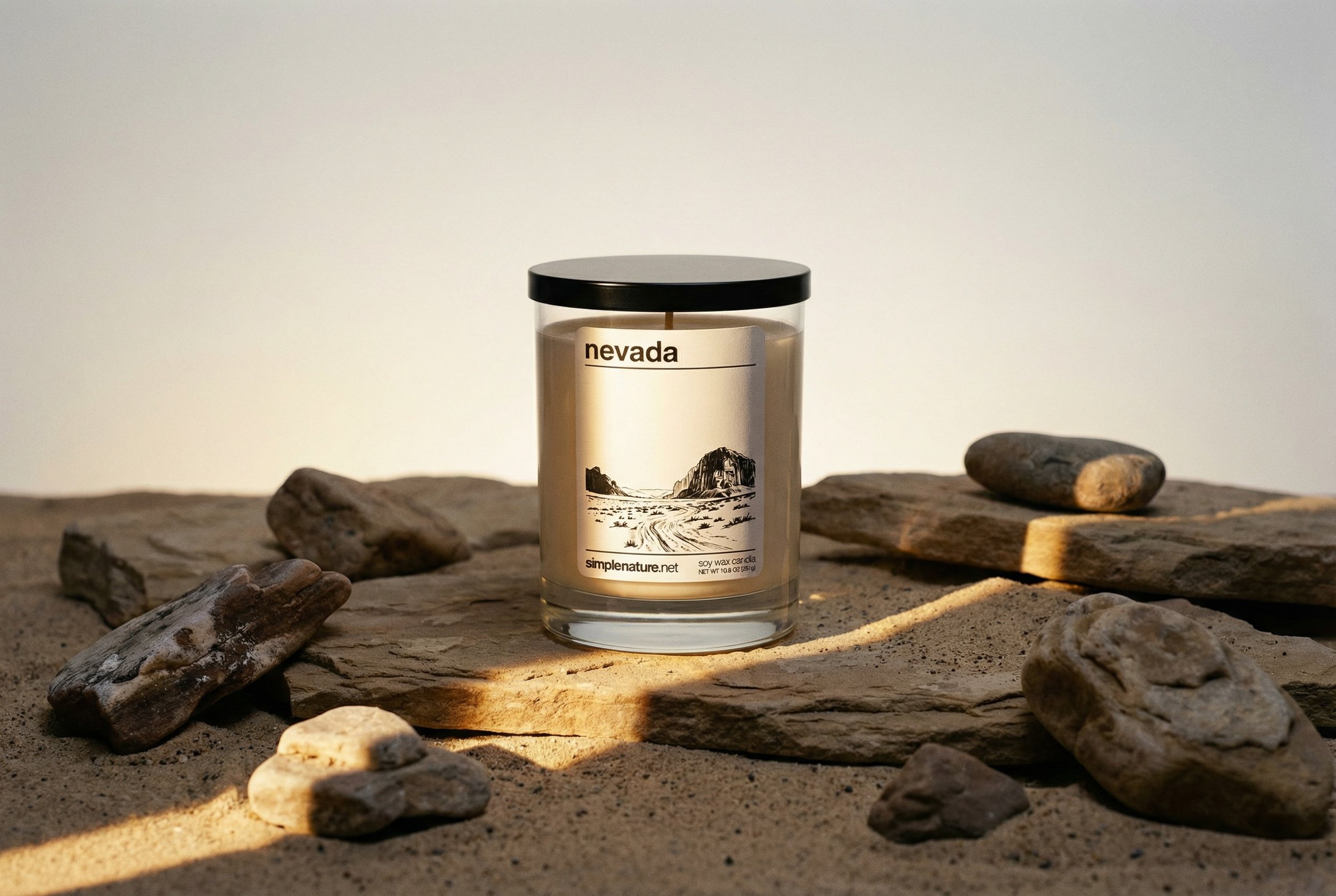 A white candle in a glass jar labeled 'Nevada' with a landscape illustration, surrounded by rocks on a sandy surface.